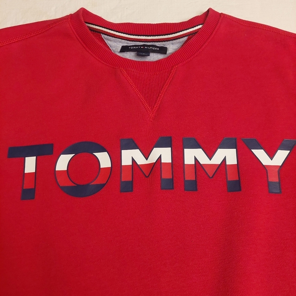 Tommy Hilfiger Red Spell Out Logo Crewneck Pullover Sweater Ivy Prep Size L - Picture 3 of 9